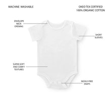 White short-sleeve baby bodysuit, organic cotton; envelope neck, snap closures