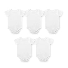 Set of five white short-sleeve baby bodysuits with snap closures
