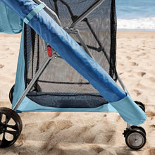 Blue beach cart canopy cover over mesh basket with front wheel and caster