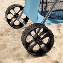 Beach cart wheels and silver frame base with mesh basket corner