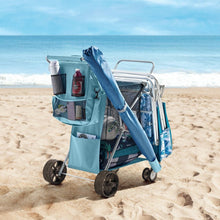Beach cart with blue storage organizer, mesh basket, and folding canopy over wheels