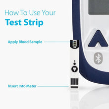 Glucose monitoring meter showing a test strip being inserted into the slot