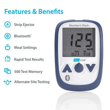 Glucose monitoring meter front with LCD 125 and Bluetooth feature icon
