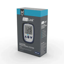 BluLink glucose monitoring meter with screen displaying 125 mg/dL and date/time