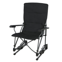 Black bounce chair angled view with padded seat, back, armrests, and rocking base
