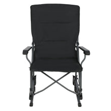 Black bounce chair front view with padded back, seat, armrests, and steel legs