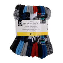 Packaged kids no-show socks, multicolor stripes and gray, size M on label