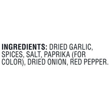 Cajun seasoning ingredients panel: dried garlic, spices, salt, paprika, onion, red pepper