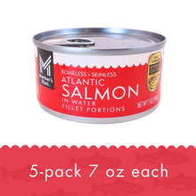 Canned Atlantic salmon fillet portions, 7 oz can with silver lid and red label
