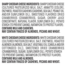 Ingredients list for sharp cheddar cheese, cashews, almonds, and dried cranberries