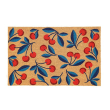 Coir doormat rectangle with cherry and leaf pattern, tan base with red and blue