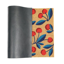 Coir doormat with cherry and leaf pattern, natural tan with red and blue accents