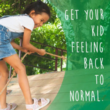 Children's allergy relief oral solution featuring kid outdoor play