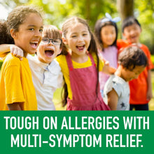 Children's allergy relief oral solution showing kids with multi-symptom support