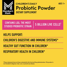 Children’s probiotic powder label close-up with health support claims, ages 1+