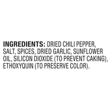 Ingredients panel listing dried chili pepper, salt, spices, dried garlic, sunflower oil
