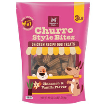 Pink pouch of chicken dog treats, churro-style bites with cinnamon and vanilla