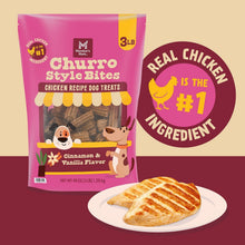 Pink dog treat pouch with churro-style branding and real chicken #1 ingredient seal