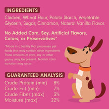 Pink ingredients panel for chicken dog treats listing cinnamon and natural vanilla flavor