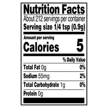 Nutrition Facts label showing 5 calories per serving