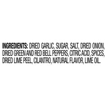 Ingredients list: dried garlic, sugar, salt, onion, peppers, cilantro, lime peel
