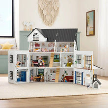 Classic mansion dollhouse with open interior, white walls, gray roof, and right-side balcony