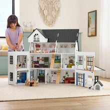 Classic mansion dollhouse with open rooms and white-gray exterior, gray roof and gables
