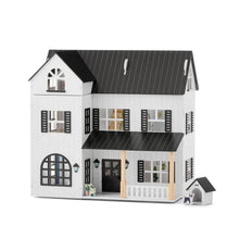 Mansion dollhouse with white walls, dark roof, arched window, front porch and doorway