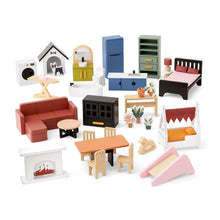 Dollhouse furniture and accessories set with sofas, chairs, table, kitchen and storage pieces