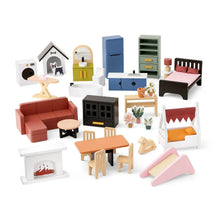 Dollhouse furniture and accessories set with beds, sofas, tables, chairs, and decor