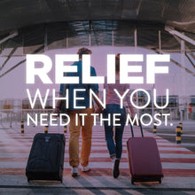 Travel suitcases with "RELIEF WHEN YOU NEED IT THE MOST" promotional text
