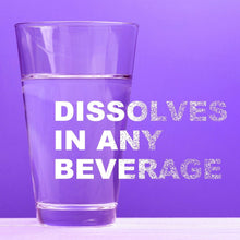 Glass of purple liquid with "DISSOLVES IN ANY BEVERAGE" promotional text