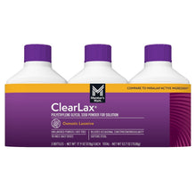 ClearLAX polyethylene glycol 3350 powder 3-pack bottles, purple caps and label