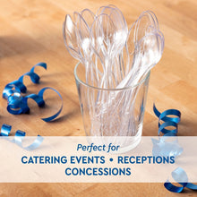 Clear plastic spoons in a cup, bundled for serving