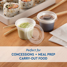 Clear plastic portion lids on cups for concessions and meal prep, 1 oz