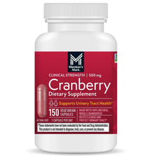 Cranberry dietary supplement bottle with red label and 150 vegetarian capsules text