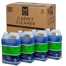 Four-pack commercial carpet cleaner concentrate bottles in cardboard shipping box