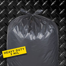 Black contractor clean-up bag, heavy duty 3 mil, close-up on label