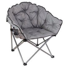 Gray cozy club chair with tufted cushions and metal folding frame