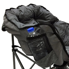Gray folding club chair with side mesh organizer and water bottle