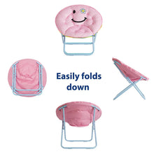 Pink smiley face folding saucer chair with padded seat and light blue frame, folded set