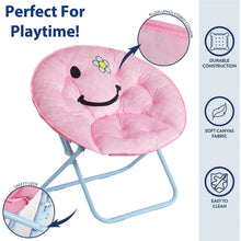 Pink smiley face folding saucer chair with padded seat and light blue metal frame