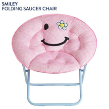Pink smiley face saucer chair with cushioned ring seat and light blue metal legs