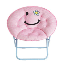 Pink smiley face folding saucer chair with padded seat and light blue metal frame
