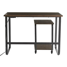 Dark brown writing desk with attached C-table, open base, and metal legs