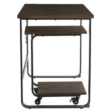 Dark brown writing desk with curved metal frame, top shelf and lower shelf on casters