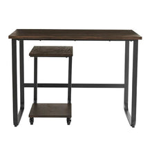 Dark brown writing desk with two-tier shelf and metal frame, four caster legs