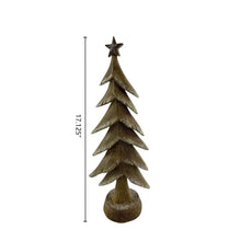 Star-topped pine tree figurine with layered branches and round base in dark brown