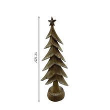 Wood-look pine tree ornament with star topper on round base, golden-brown