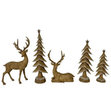 Wood-look deer and pine tree ornaments, assorted poses with star-topped trees
